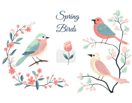 Ilustración de Aves coloridas en diferentes ramas. Primavera y verano. Ilustración vectorial dibujada a mano - Imagen libre de derechos