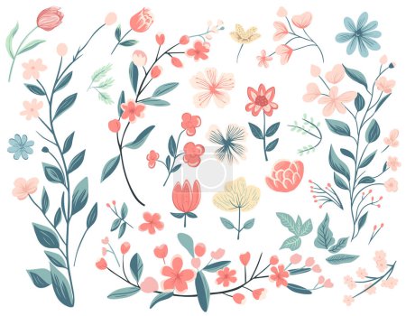 Ilustración de Colección floral de primavera con rosas, ramas, hojas, ramos florales, composiciones florales. - Imagen libre de derechos