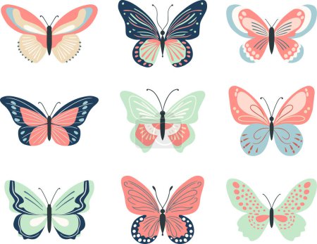 Illustration for Cute butterflies in pastel colors. Spring and summer elements. Hand drawn illustration. - Royalty Free Image