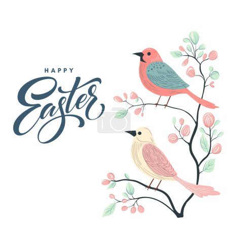 Illustration for Happy Easter frame. Trendy Easter design with birds in pastel colors and text. Poster, greeting card, banner. - Royalty Free Image
