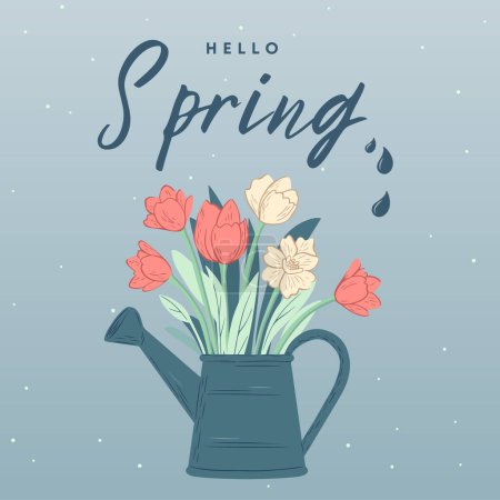 Illustration for Hello spring card. Trendy spring design with watering can in pastel colors and text. Poster, greeting card, banner. - Royalty Free Image