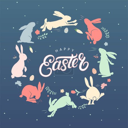 Illustration for Happy Easter frame. Trendy Easter design with bunny in pastel colors and text. Poster, greeting card, banner. - Royalty Free Image