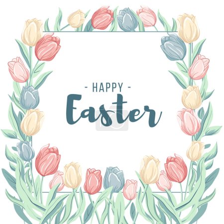 Illustration for Happy Easter frame. Trendy Easter design with tulips in pastel colors and text. Poster, greeting card, banner. - Royalty Free Image