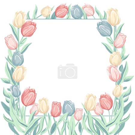 Téléchargez les illustrations : Cadre de ressort. Design floral tendance avec des tulipes aux couleurs pastel. Pour affiche, carte de voeux, bannière. - en licence libre de droit