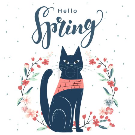 Ilustración de Hola cartel de primavera. Diseño de moda en primavera con gato y texto. Cartel, tarjeta de felicitación, banner. - Imagen libre de derechos