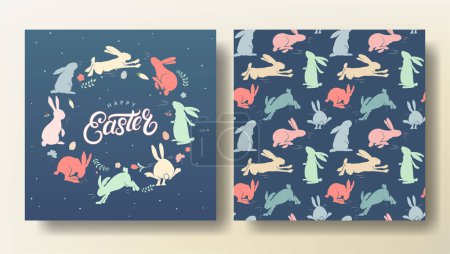 Téléchargez les illustrations : Ensemble de carte de vœux de Pâques et motif sans couture avec lapins, modèle de printemps. Joyeuses Pâques - en licence libre de droit