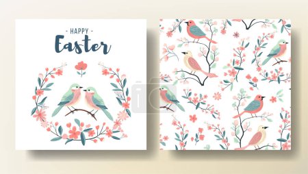 Illustration for Set of Easter greeting card and seamless pattern with birds, spring template. Happy Easter - Royalty Free Image