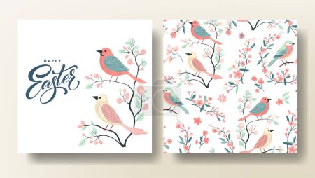 Ilustración de Conjunto de tarjeta de felicitación de Pascua y patrón sin costuras con pájaros, plantilla de primavera. Feliz Pascua - Imagen libre de derechos