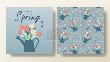 Ilustración de Conjunto de tarjeta de felicitación de primavera y patrón sin costuras con regadera y flores, plantilla de primavera. Hola primavera - Imagen libre de derechos