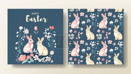 Ilustración de Conjunto de tarjeta de felicitación de Pascua y patrón sin costuras con conejo, plantilla de primavera. Feliz Pascua - Imagen libre de derechos