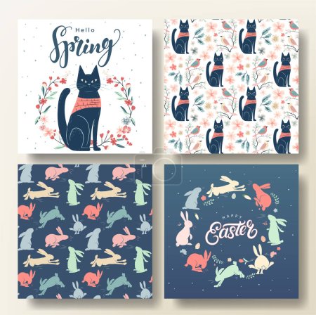 Ilustración de Conjunto de tarjetas de felicitación de primavera y patrón sin costuras con gato y conejitos, plantilla de primavera. Feliz marco de Pascua - Imagen libre de derechos