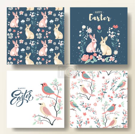 Ilustración de Conjunto de tarjetas de felicitación de primavera y patrón sin costuras con pájaros y conejos, plantilla de primavera. Feliz marco de Pascua - Imagen libre de derechos