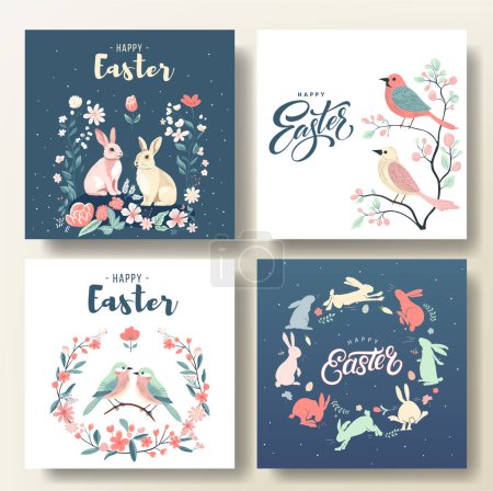 Téléchargez les illustrations : Ensemble de cartes de vœux de Pâques avec des oiseaux et des lapins, fond de printemps. Cadre de Pâques heureux, modèle - en licence libre de droit