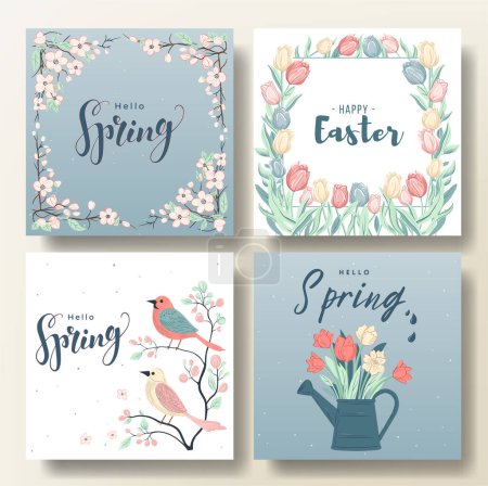 Ilustración de Conjunto de tarjetas de felicitación de primavera con pájaros y flores, fondo de primavera. Hola marco de primavera. plantilla de Pascua - Imagen libre de derechos