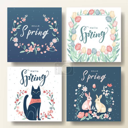 Ilustración de Conjunto de tarjetas de felicitación de primavera con gato y conejitos, fondo de primavera. Hola marco de primavera. plantilla de Pascua - Imagen libre de derechos