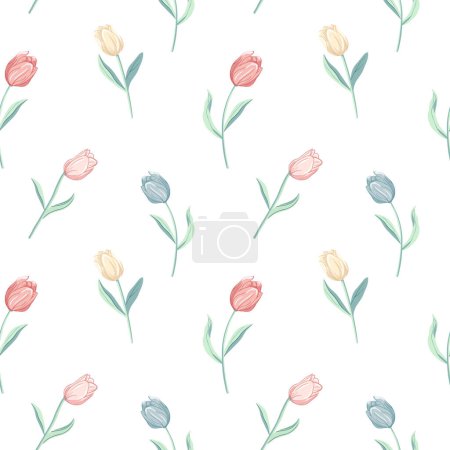 Illustration for Vector seamless pattern with tulips. Spring backgrounds in pastel colors. Romantic flower pattern hand drawn. - Royalty Free Image