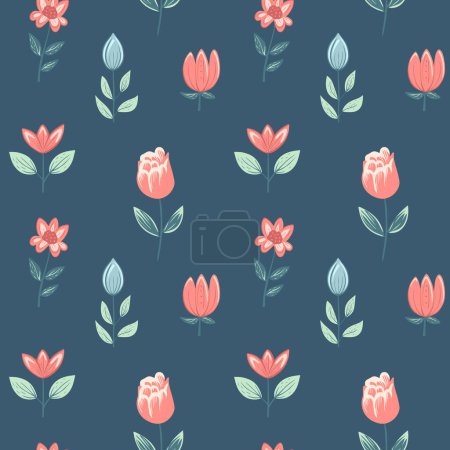 Illustration for Vector seamless pattern with tulips. Spring background. Folk flowers. Romantic flower pattern hand drawn. - Royalty Free Image