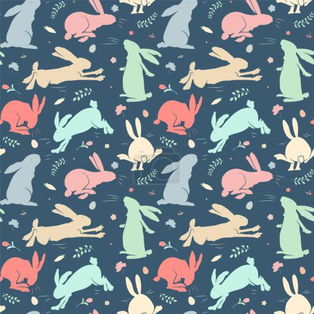 Illustration for Vector seamless pattern with bunnies. Spring backgrounds. Trendy Easter design with bunny in pastel colors. - Royalty Free Image
