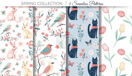 Illustration for Set of spring backgrounds with bunny, cat and birds. Spring seamless pattern. Easter ornaments - Royalty Free Image