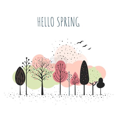 Illustration for Fairy trees. Spring trees minimalist style. Scandinavian trees composition. Cartoon fantasy frame. Hello spring card. - Royalty Free Image