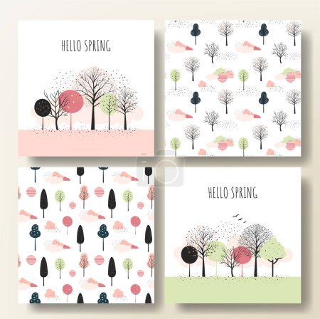 Ilustración de Conjunto de tarjetas de primavera con árboles de hadas y patrones. Árboles de fantasía de dibujos animados composición, marco. Estilo minimalista. - Imagen libre de derechos