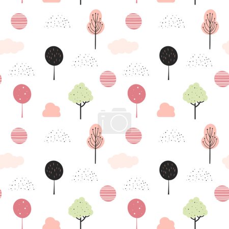 Téléchargez les illustrations : Mignon fantaisie arbres motif sans couture. Arbres de printemps scandinaves fond vectoriel sans couture - en licence libre de droit