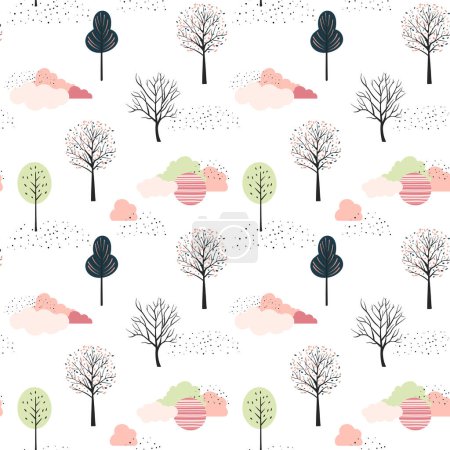 Téléchargez les illustrations : Modèle vectoriel des arbres de printemps. Mignon fantaisie arbres motif sans couture. Fond enfantin. - en licence libre de droit