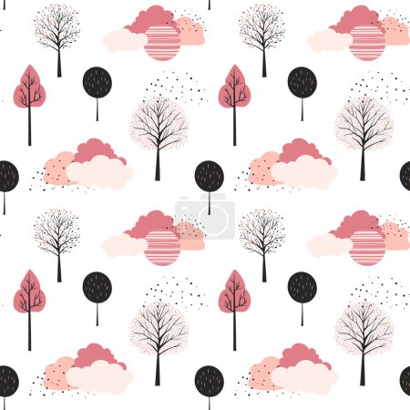 Téléchargez les illustrations : Modèle vectoriel des arbres de printemps. Mignon fantaisie arbres motif sans couture. Fond enfantin. - en licence libre de droit