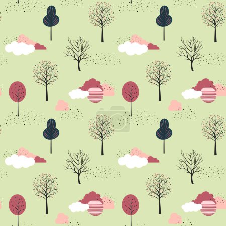 Illustration for Cute fantasy seamless pattern. Spring trees vector pattern. Childish trees background. - Royalty Free Image