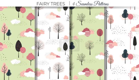 Illustration for Set of cute fantasy seamless patterns. Spring trees vector pattern. Childish comic backgrounds. - Royalty Free Image