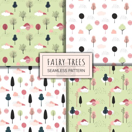 Illustration for Set of cute fantasy seamless patterns. Spring trees vector pattern. Childish comic backgrounds. - Royalty Free Image