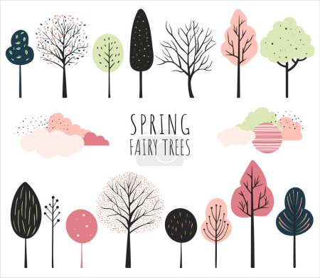 Illustration for Set of multicolored fairy trees. Fantasy trees on white. Scandinavian vector trees collection - Royalty Free Image
