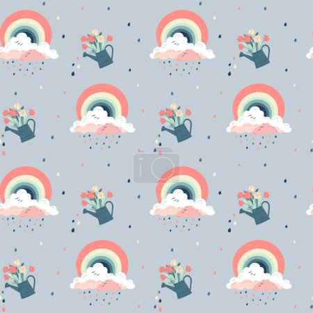 Illustration for Seamless pattern with fantasy rainbows and watering can. Creative spring background, wallpaper. - Royalty Free Image