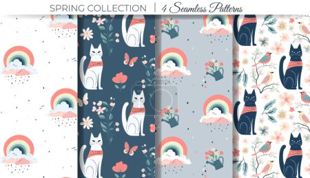 Illustration for Set of spring backgrounds with rainbows and cats. Seamless pattern with fantasy elements. Childish texture - Royalty Free Image