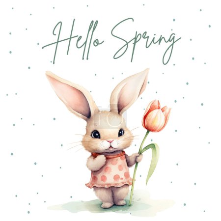 Springtime poster with bunny and tulip. Cute watercolor rabbit, greeting card, banner. 