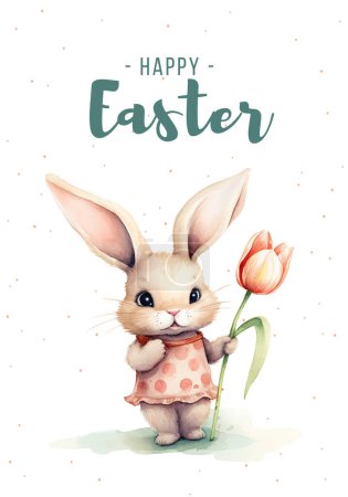 Illustration for Happy Easter frame. Trendy Easter design with watercolor bunny in pastel colors. Poster, greeting card, banner. - Royalty Free Image