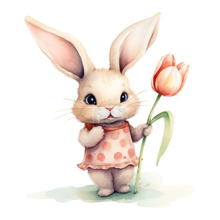 Illustration for Cute watercolor rabbit. Easter bunny. Springtime design with bunny and tulip. Greeting card, poster. - Royalty Free Image
