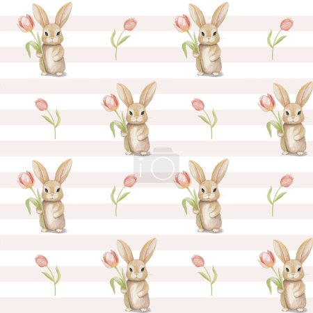Téléchargez les illustrations : Mignon modèle sans couture lapin. Lapin aquarelle avec tulipe. Fond vectoriel aux couleurs pastel - en licence libre de droit