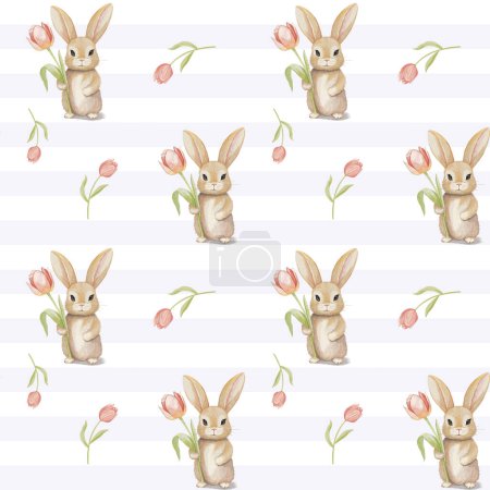 Téléchargez les illustrations : Mignon modèle sans couture lapin. Lapin aquarelle avec tulipe. Fond vectoriel aux couleurs pastel - en licence libre de droit