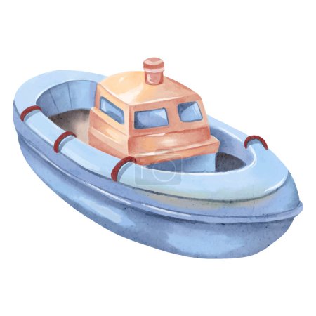 Téléchargez les illustrations : Illustration bateau aquarelle. Jouets aquarelle. Navire de dessin animé mignon - en licence libre de droit