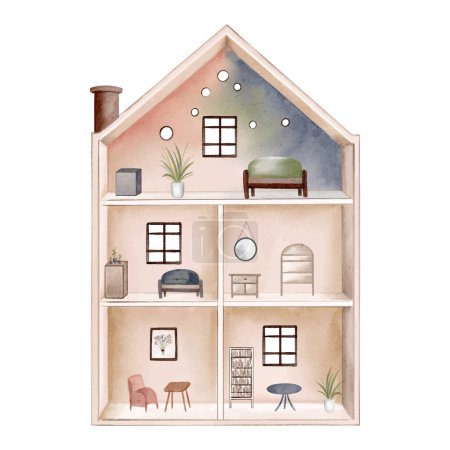 Téléchargez les illustrations : Maison de poupée aquarelle avec trois étages, petit mobilier. Jouets aquarelle. Marionnette de couleur pastel - en licence libre de droit