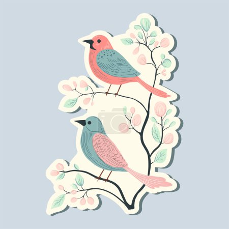 Téléchargez les illustrations : Sticker printemps oiseaux. Style dessiné à la main. Élément printanier. Élément vectoriel saisonnier. - en licence libre de droit