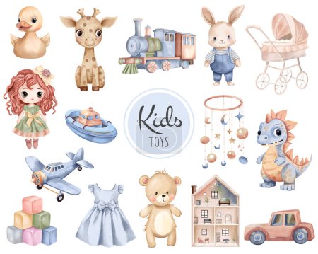 Illustration for Watercolor toys set. Hand drawn kid toy, dinosaur, doll, teddy bear, bunny. Childish vector illustration pastel colors. - Royalty Free Image