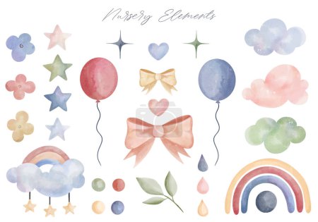 Illustration for Set of watercolor nursery elements. Rainbow clouds hearts ballons. Fantasy pastel color. Vector illustration - Royalty Free Image