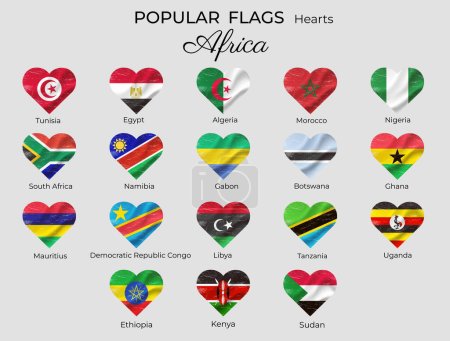 Illustration for Flags of African countries. Flag in heart shape grunge vintage. Africa flags set. Nigeria Uganda Egypt Kenya - Royalty Free Image