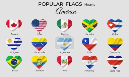 Illustration for Flags of American countries. Flag in heart shape grunge vintage. America flag icon set. Vector flags isolated - Royalty Free Image