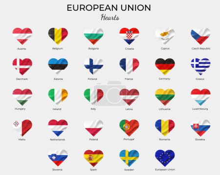 Téléchargez les illustrations : Drapeaux en forme de coeur de l'Union européenne. Texture vintage grunge. Bouton drapeaux de l'UE. Europa drapeaux, icônes. - en licence libre de droit