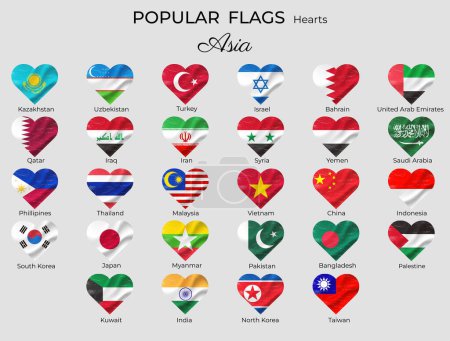 Illustration for Flags of Asiatic countries. Asia flag icon set. Heart shape grunge vintage. 3d waved design. Korea Turkey India - Royalty Free Image