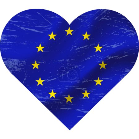 Illustration for European Union flag in heart shape grunge vintage. EU flag heart. Vector flag, symbol. - Royalty Free Image