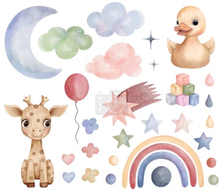 Illustration for Watercolor toys giraffe, duck. Set of vector hand drawn nursery elements, clouds, moon, rainbow, stars, stickers - Royalty Free Image